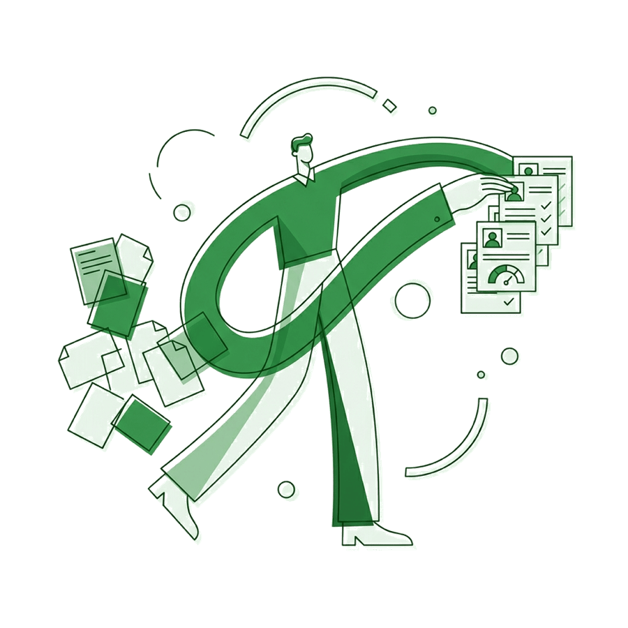Ilustração da papelada de currículos virando candidatos organizados e pontuados pela Donatus
